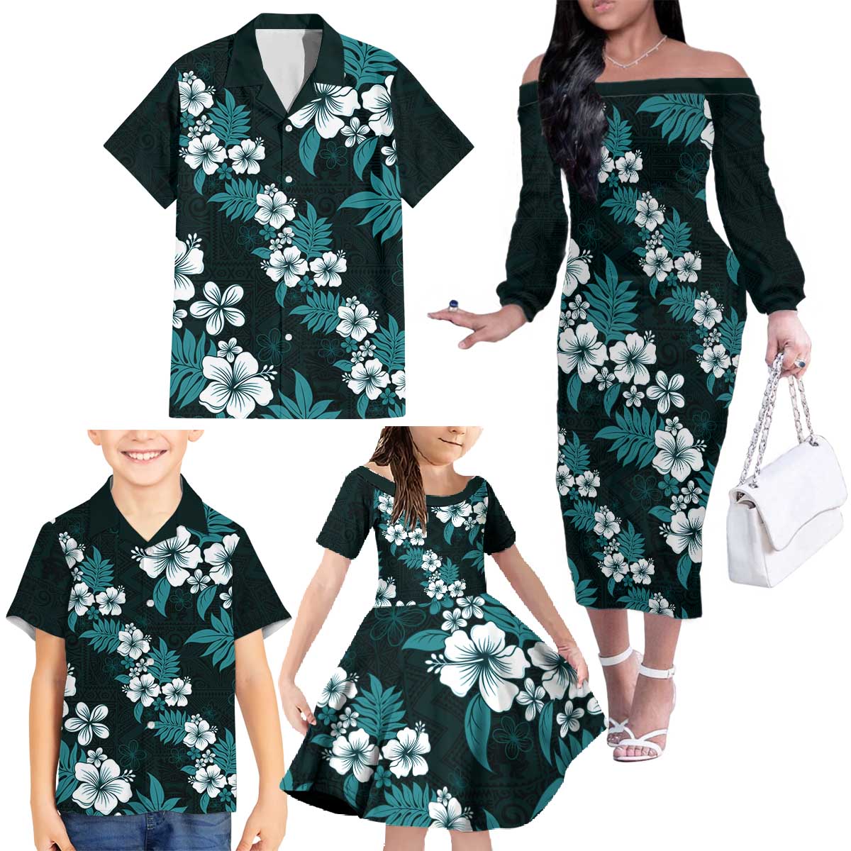 Hawaiian Hibiscus Tribal Floral Teal Family Matching Off The Shoulder Long Sleeve Dress and Hawaiian Shirt Polynesian Tapa Pattern - Polynesian Pride