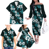 Hawaiian Hibiscus Tribal Floral Teal Family Matching Off The Shoulder Long Sleeve Dress and Hawaiian Shirt Polynesian Tapa Pattern - Polynesian Pride
