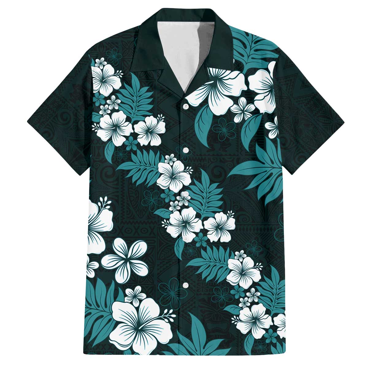 Hawaiian Hibiscus Tribal Floral Teal Family Matching Off The Shoulder Long Sleeve Dress and Hawaiian Shirt Polynesian Tapa Pattern - Polynesian Pride