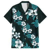 Hawaiian Hibiscus Tribal Floral Teal Family Matching Off The Shoulder Long Sleeve Dress and Hawaiian Shirt Polynesian Tapa Pattern - Polynesian Pride