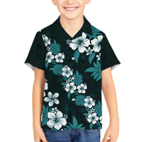 Hawaiian Hibiscus Tribal Floral Teal Family Matching Off The Shoulder Long Sleeve Dress and Hawaiian Shirt Polynesian Tapa Pattern - Polynesian Pride