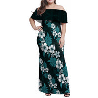 Hawaiian Hibiscus Tribal Floral Teal Family Matching Off Shoulder Maxi Dress and Hawaiian Shirt Polynesian Tapa Pattern - Polynesian Pride