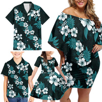 Hawaiian Hibiscus Tribal Floral Teal Family Matching Off Shoulder Short Dress and Hawaiian Shirt Polynesian Tapa Pattern - Polynesian Pride
