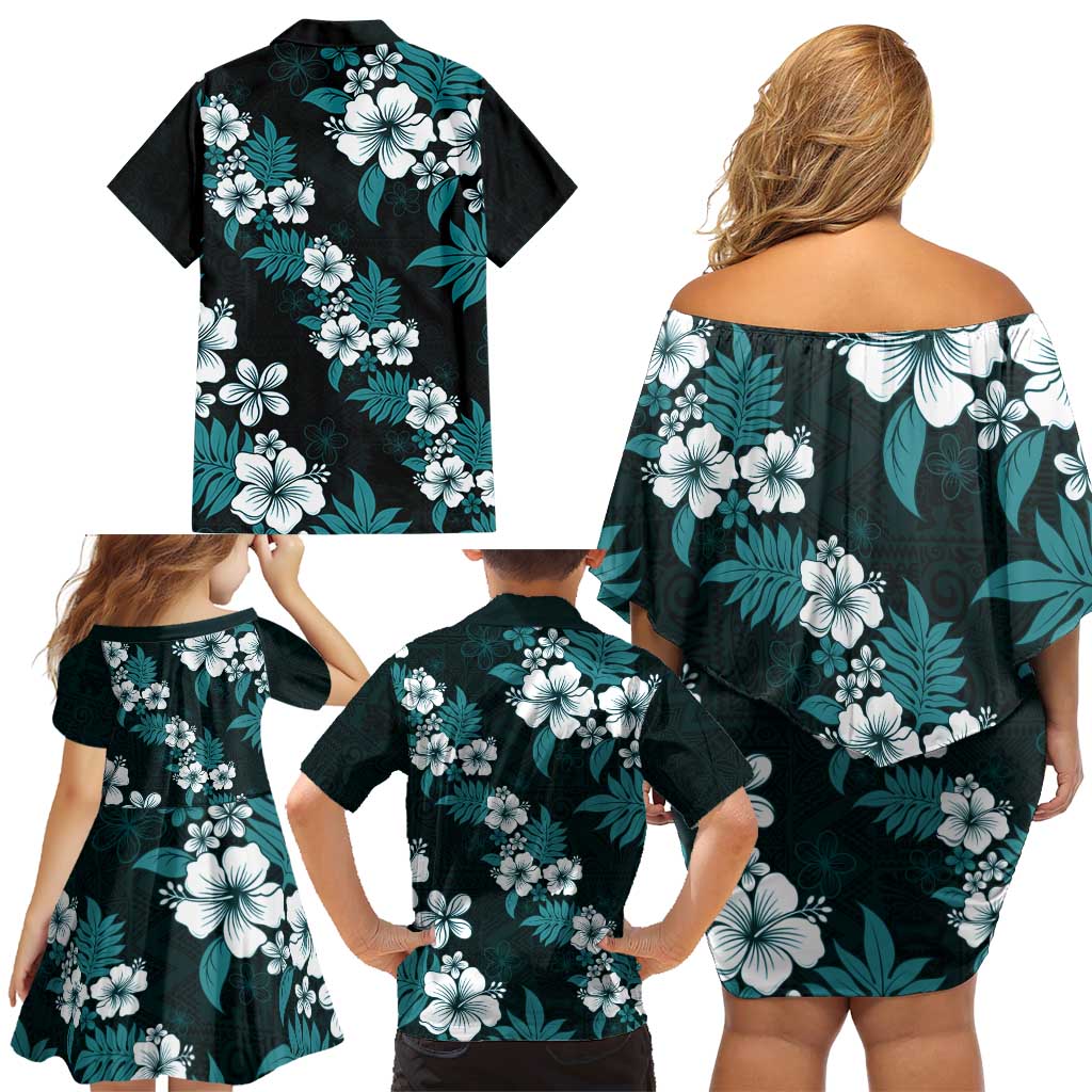 Hawaiian Hibiscus Tribal Floral Teal Family Matching Off Shoulder Short Dress and Hawaiian Shirt Polynesian Tapa Pattern - Polynesian Pride