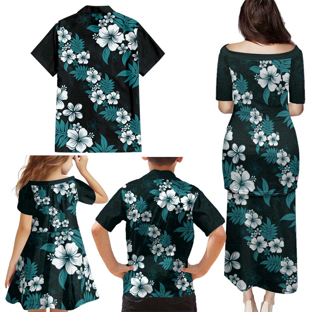 Hawaiian Hibiscus Tribal Floral Teal Family Matching Puletasi and Hawaiian Shirt Polynesian Tapa Pattern - Polynesian Pride