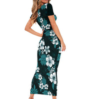 Hawaiian Hibiscus Tribal Floral Teal Family Matching Short Sleeve Bodycon Dress and Hawaiian Shirt Polynesian Tapa Pattern - Polynesian Pride