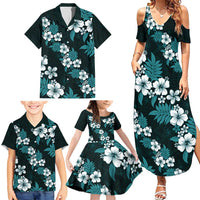 Hawaiian Hibiscus Tribal Floral Teal Family Matching Summer Maxi Dress and Hawaiian Shirt Polynesian Tapa Pattern - Polynesian Pride