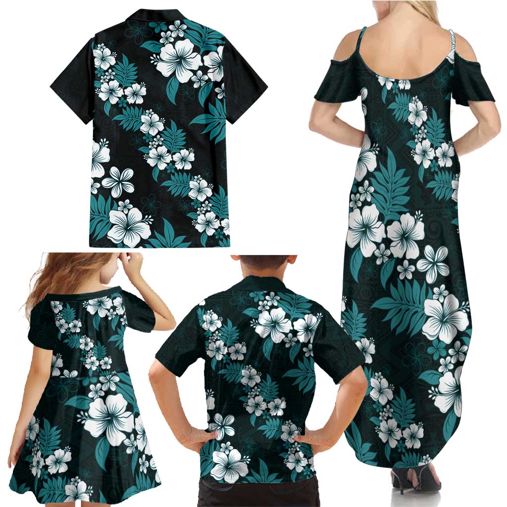 Hawaiian Hibiscus Tribal Floral Teal Family Matching Summer Maxi Dress and Hawaiian Shirt Polynesian Tapa Pattern - Polynesian Pride