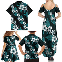 Hawaiian Hibiscus Tribal Floral Teal Family Matching Summer Maxi Dress and Hawaiian Shirt Polynesian Tapa Pattern - Polynesian Pride