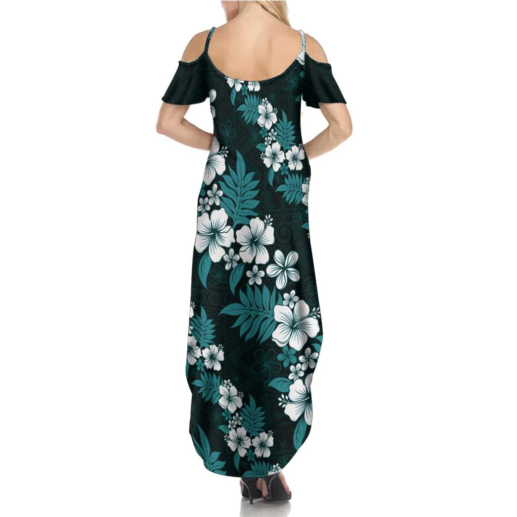 Hawaiian Hibiscus Tribal Floral Teal Family Matching Summer Maxi Dress and Hawaiian Shirt Polynesian Tapa Pattern - Polynesian Pride