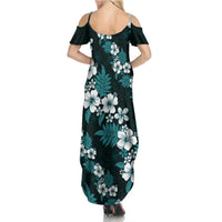 Hawaiian Hibiscus Tribal Floral Teal Family Matching Summer Maxi Dress and Hawaiian Shirt Polynesian Tapa Pattern - Polynesian Pride