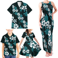 Hawaiian Hibiscus Tribal Floral Teal Family Matching Tank Maxi Dress and Hawaiian Shirt Polynesian Tapa Pattern - Polynesian Pride