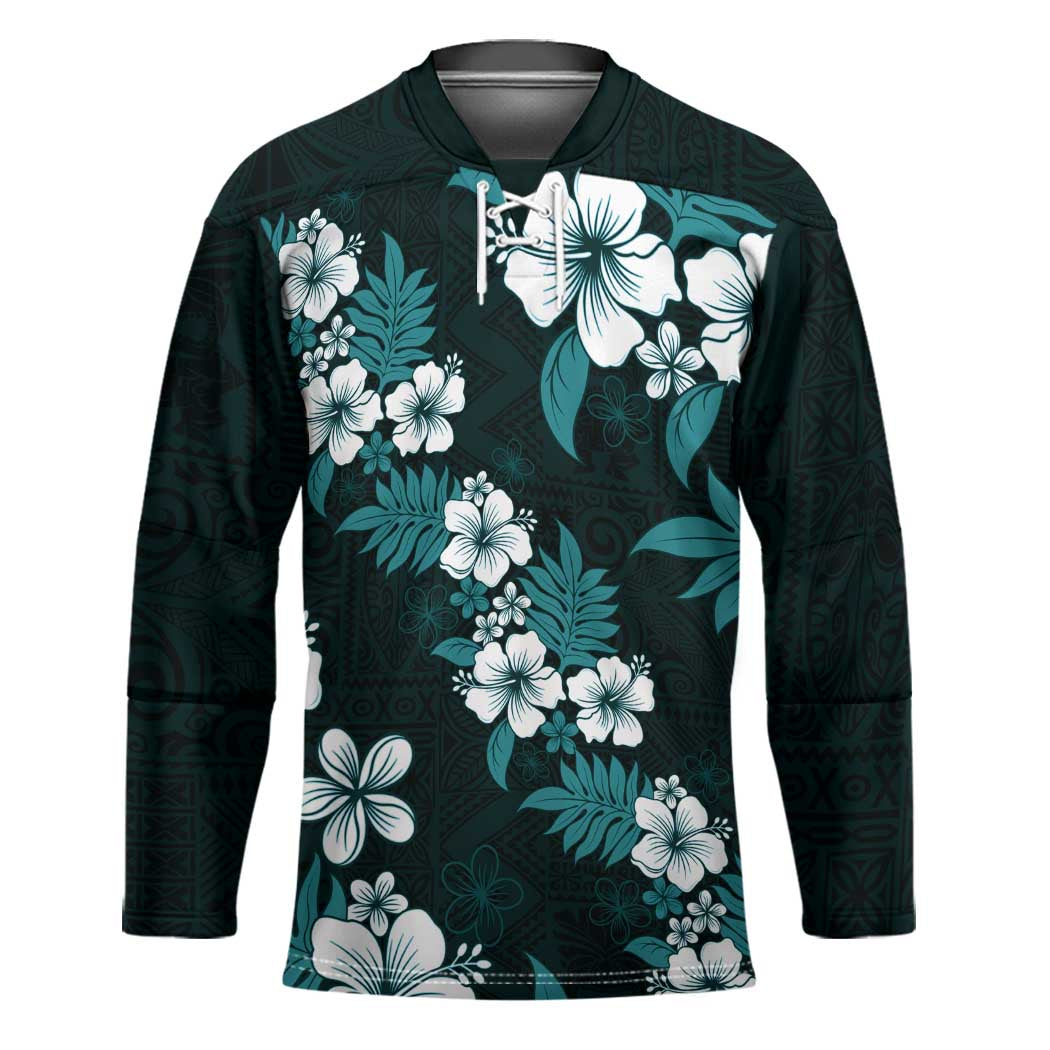 Hawaiian Hibiscus Tribal Floral Teal Hockey Jersey Polynesian Tapa Pattern - Polynesian Pride