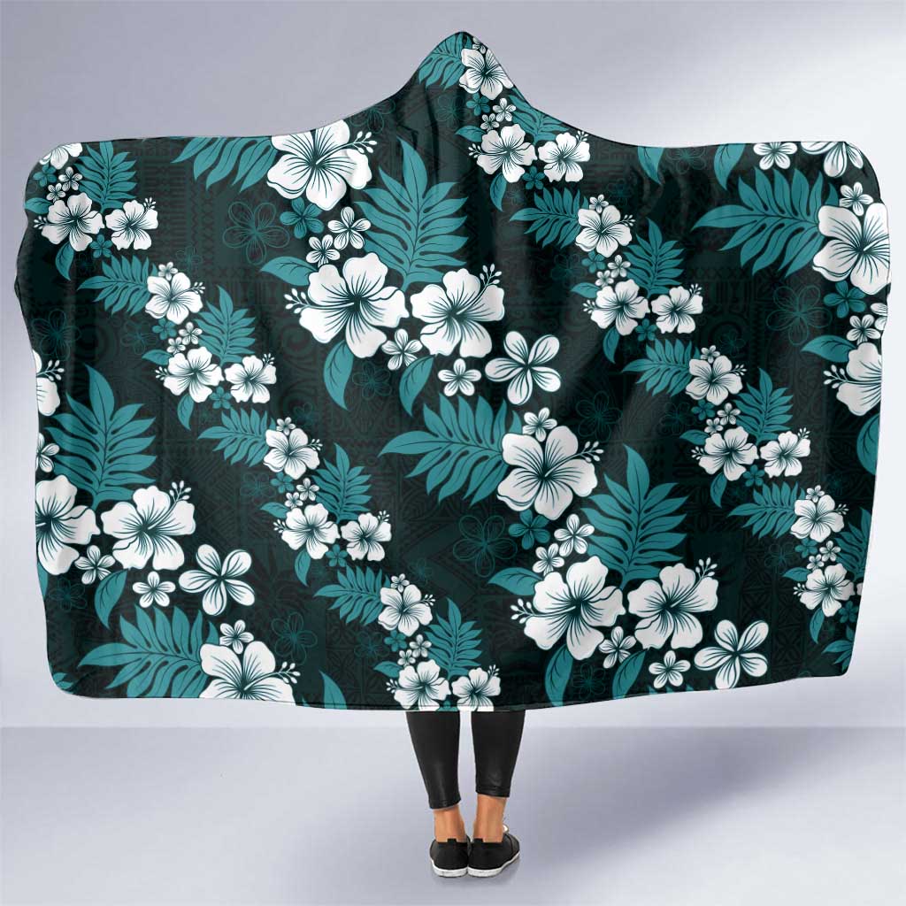 Hawaiian Hibiscus Tribal Floral Teal Hooded Blanket Polynesian Tapa Pattern - Polynesian Pride