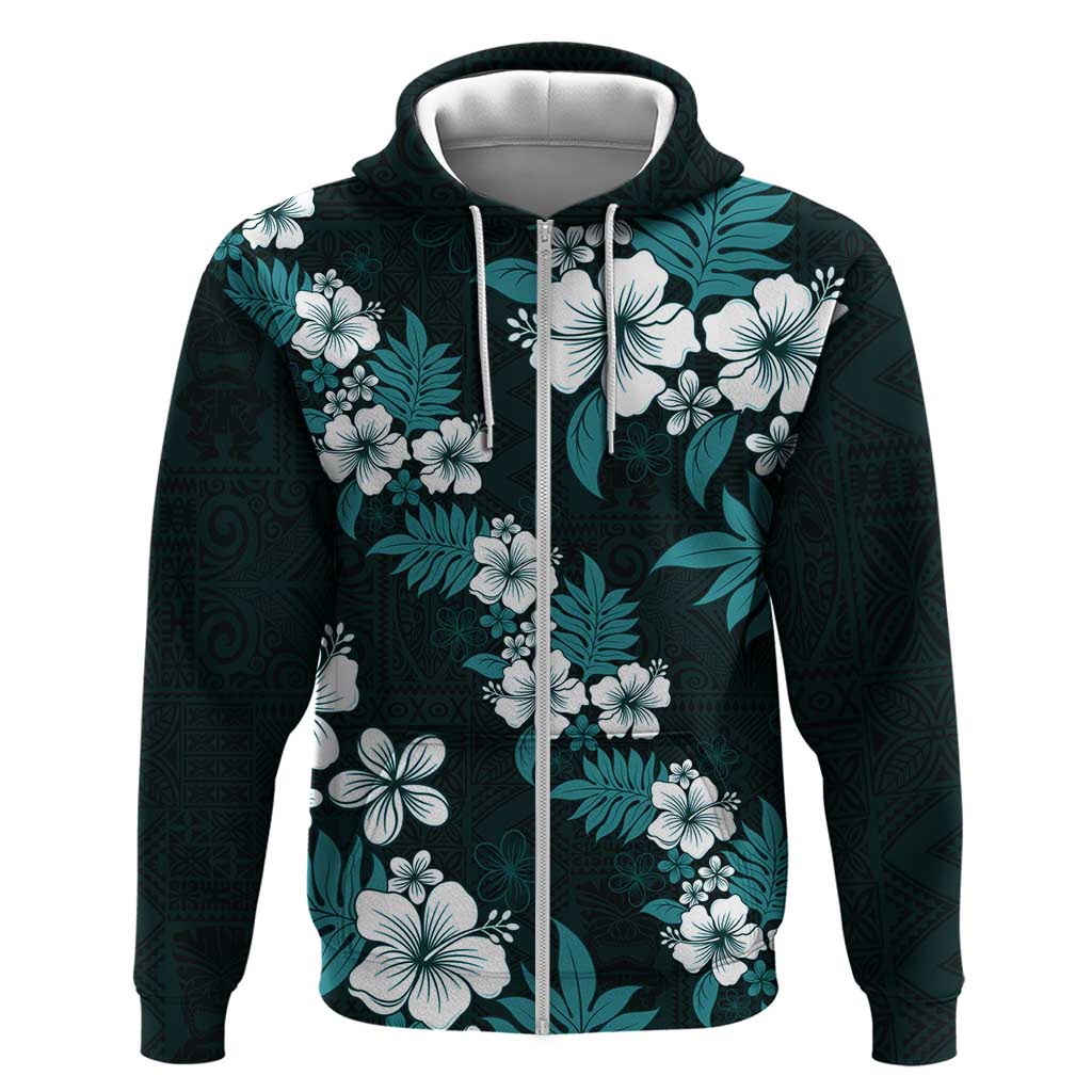 Hawaiian Hibiscus Tribal Floral Teal Hoodie Polynesian Tapa Pattern - Polynesian Pride