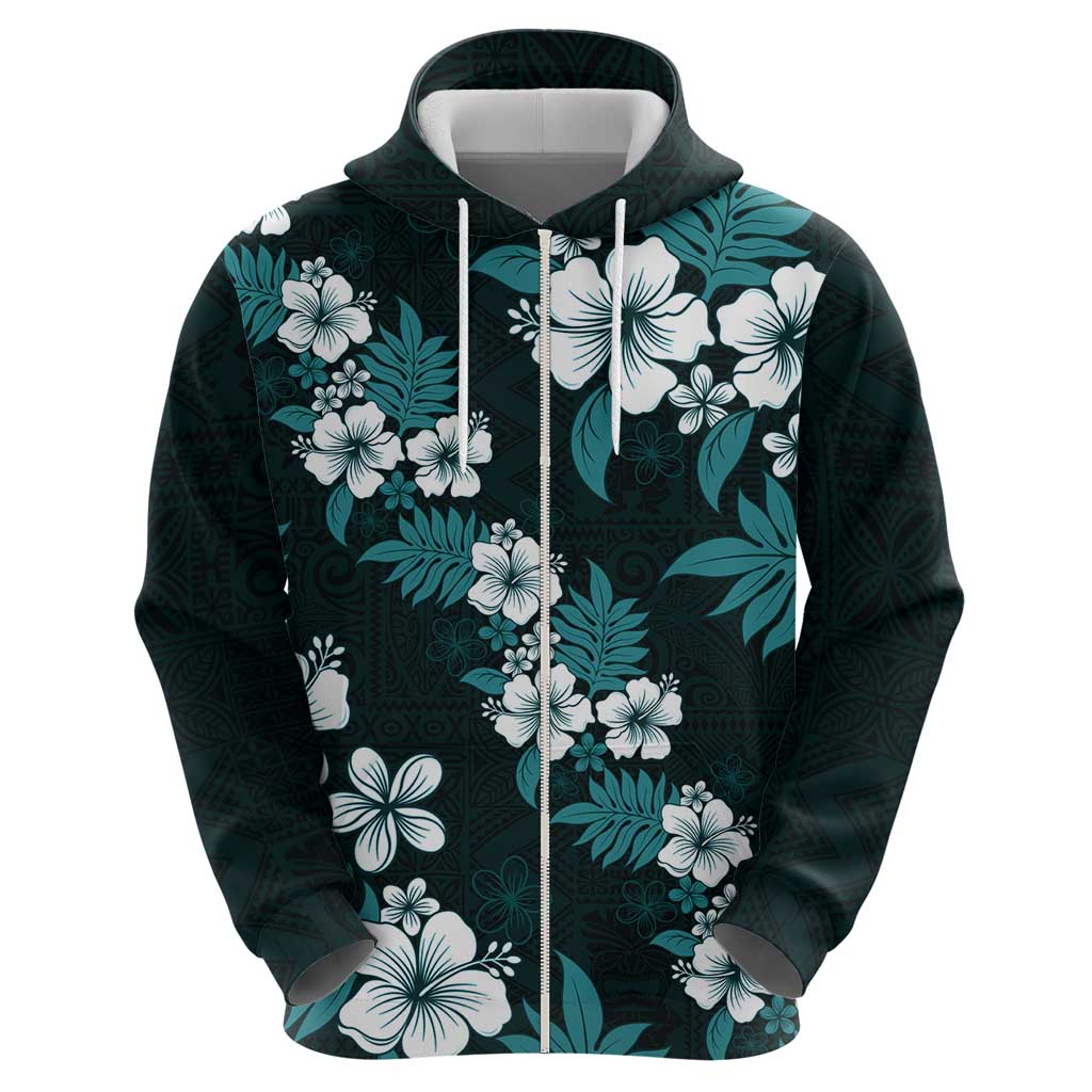 Hawaiian Hibiscus Tribal Floral Teal Hoodie Polynesian Tapa Pattern - Polynesian Pride