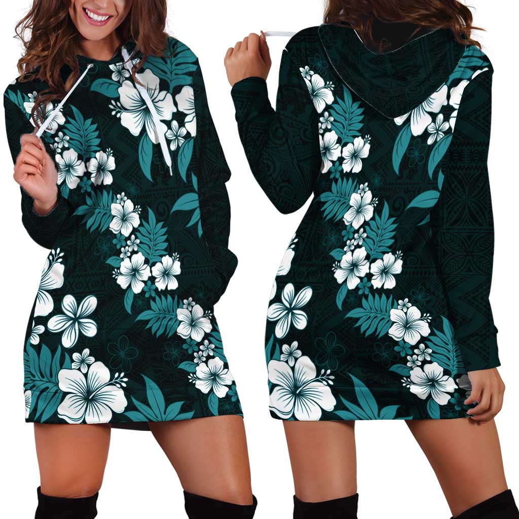 Hawaiian Hibiscus Tribal Floral Teal Hoodie Dress Polynesian Tapa Pattern - Polynesian Pride