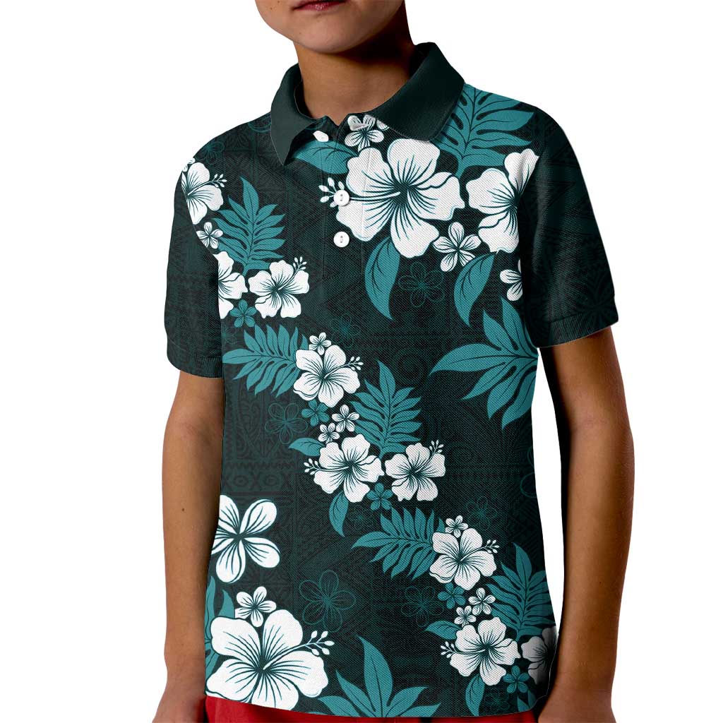 Hawaiian Hibiscus Tribal Floral Teal Kid Polo Shirt Polynesian Tapa Pattern LT01 Kid Teal - Polynesian Pride
