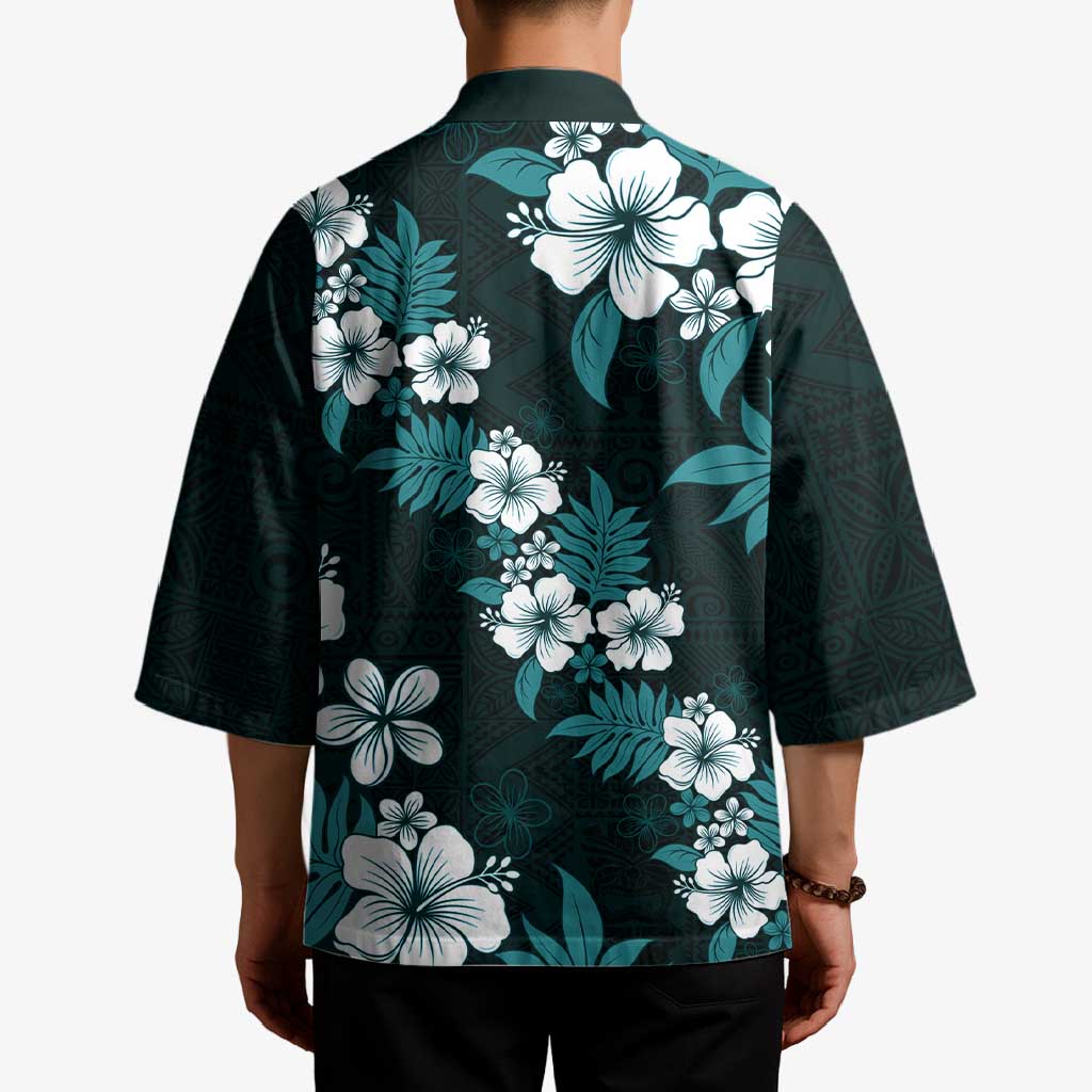 Hawaiian Hibiscus Tribal Floral Teal Kimono Polynesian Tapa Pattern - Polynesian Pride