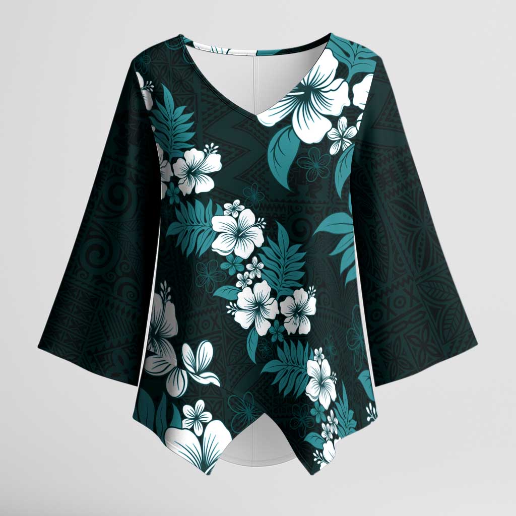 Hawaiian Hibiscus Tribal Floral Teal Kimono Sleeve Blouse Polynesian Tapa Pattern - Polynesian Pride