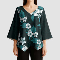Hawaiian Hibiscus Tribal Floral Teal Kimono Sleeve Blouse Polynesian Tapa Pattern - Polynesian Pride