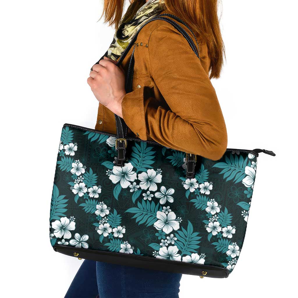 Hawaiian Hibiscus Tribal Floral Teal Leather Tote Bag Polynesian Tapa Pattern LT01 Teal - Polynesian Pride