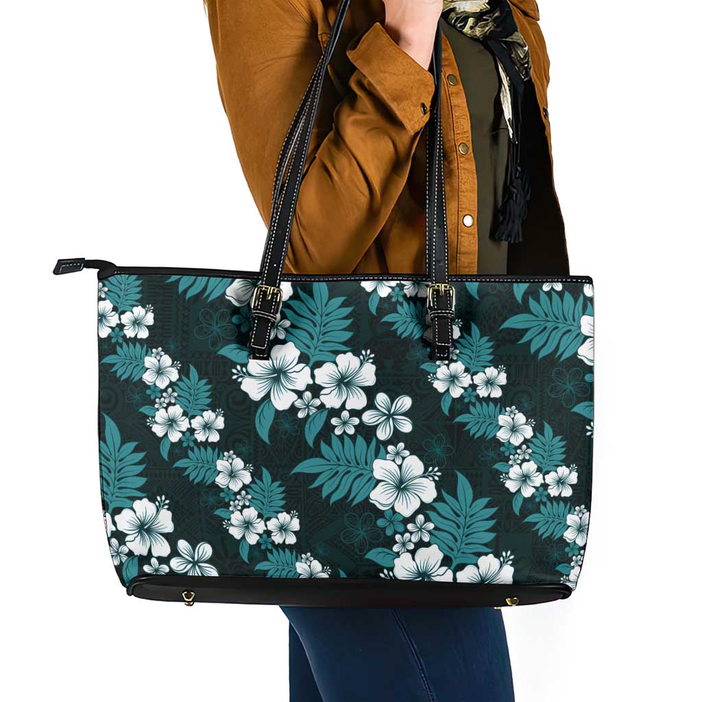 Hawaiian Hibiscus Tribal Floral Teal Leather Tote Bag Polynesian Tapa Pattern LT01 - Polynesian Pride