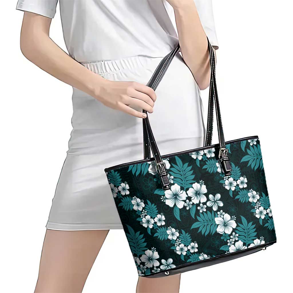 Hawaiian Hibiscus Tribal Floral Teal Leather Tote Bag Polynesian Tapa Pattern LT01 - Polynesian Pride