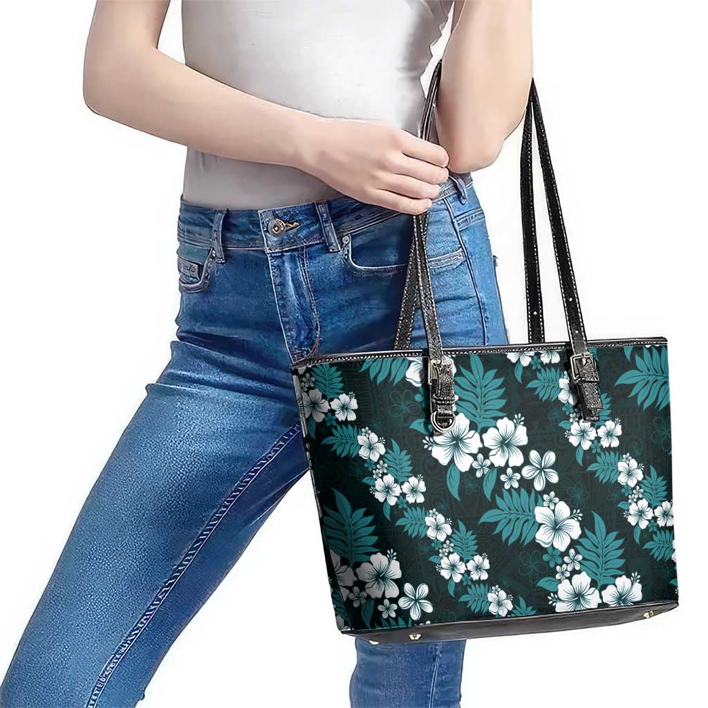 Hawaiian Hibiscus Tribal Floral Teal Leather Tote Bag Polynesian Tapa Pattern LT01 - Polynesian Pride