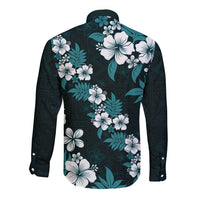 Hawaiian Hibiscus Tribal Floral Teal Long Sleeve Button Shirt Polynesian Tapa Pattern - Polynesian Pride