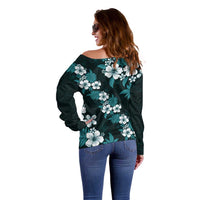 Hawaiian Hibiscus Tribal Floral Teal Off Shoulder Sweater Polynesian Tapa Pattern - Polynesian Pride