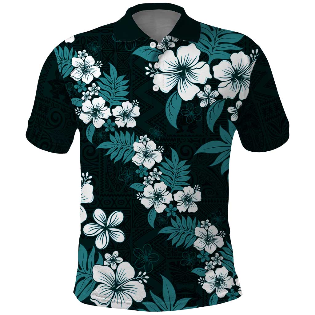 Hawaiian Hibiscus Tribal Floral Teal Polo Shirt Polynesian Tapa Pattern - Polynesian Pride