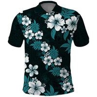 Hawaiian Hibiscus Tribal Floral Teal Polo Shirt Polynesian Tapa Pattern - Polynesian Pride