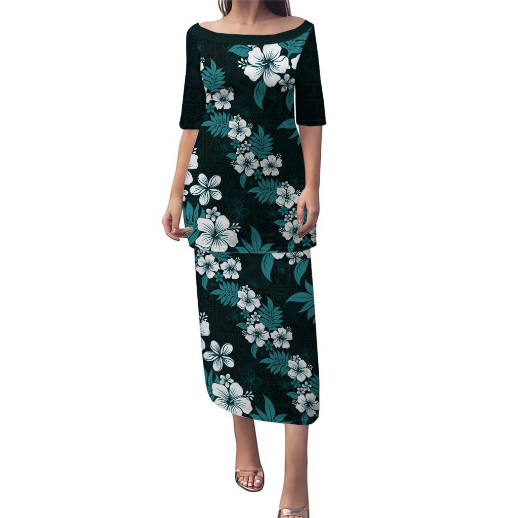 Hawaiian Hibiscus Tribal Floral Teal Puletasi Polynesian Tapa Pattern - Polynesian Pride
