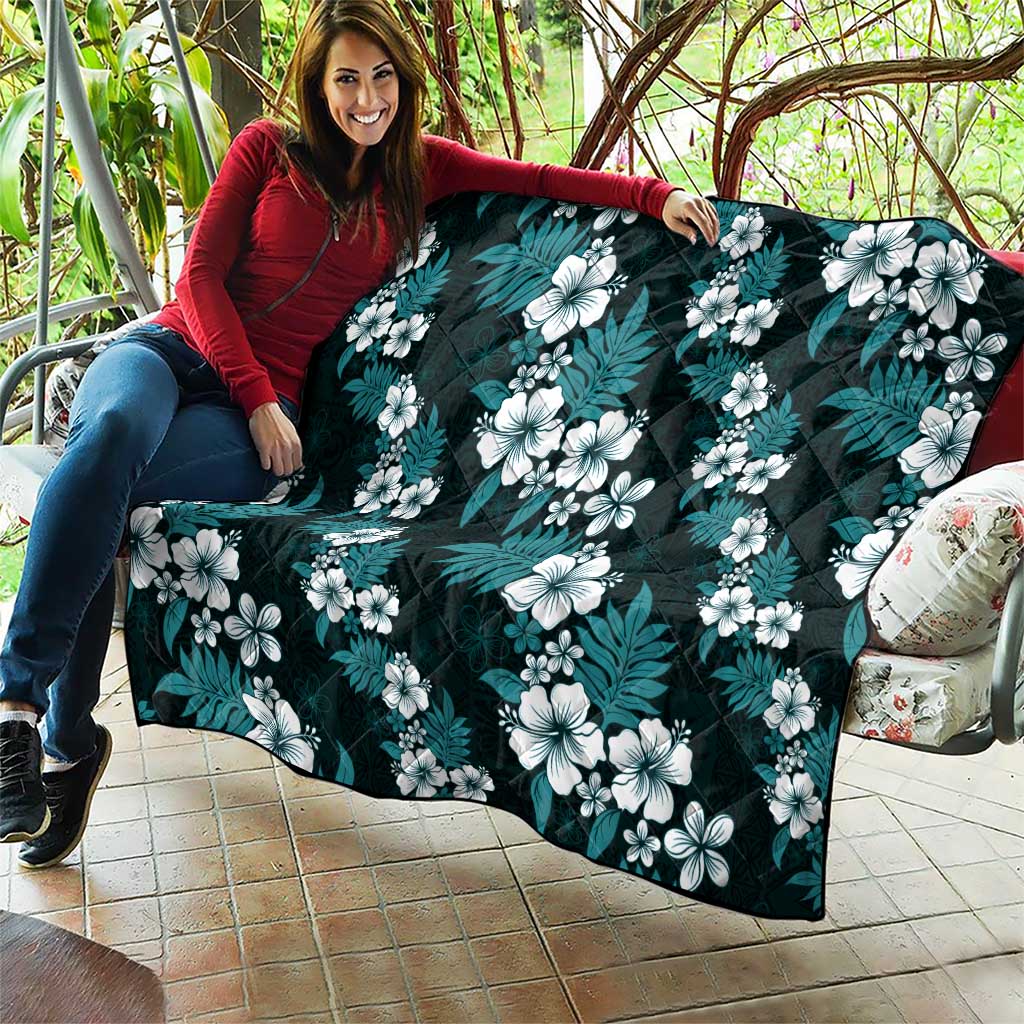 Hawaiian Hibiscus Tribal Floral Teal Quilt Polynesian Tapa Pattern - Polynesian Pride