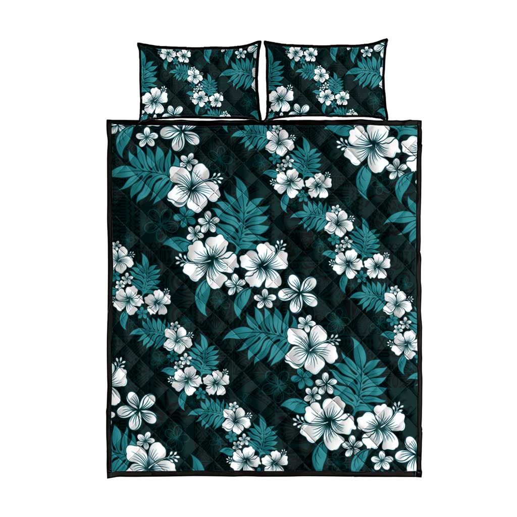 Hawaiian Hibiscus Tribal Floral Teal Quilt Bed Set Polynesian Tapa Pattern - Polynesian Pride