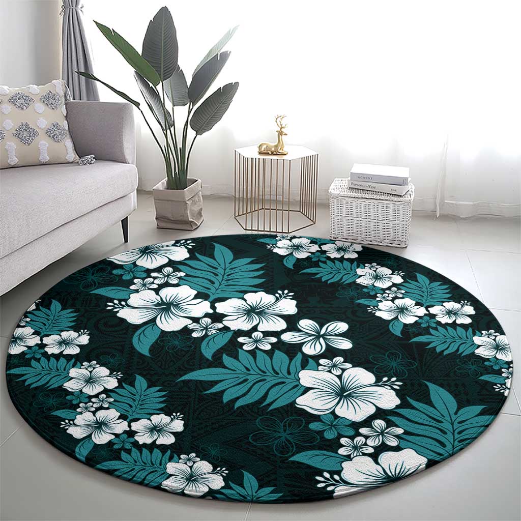 Hawaiian Hibiscus Tribal Floral Teal Round Carpet Polynesian Tapa Pattern - Polynesian Pride