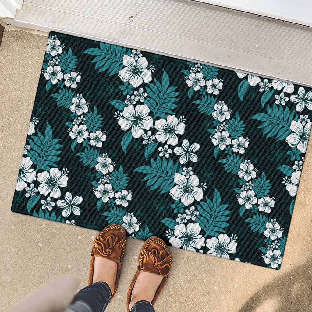 Hawaiian Hibiscus Tribal Floral Teal Rubber Doormat Polynesian Tapa Pattern - Polynesian Pride