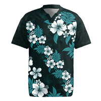 Hawaiian Hibiscus Tribal Floral Teal Rugby Jersey Polynesian Tapa Pattern - Polynesian Pride