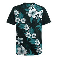Hawaiian Hibiscus Tribal Floral Teal Rugby Jersey Polynesian Tapa Pattern - Polynesian Pride