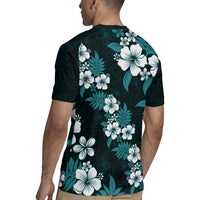 Hawaiian Hibiscus Tribal Floral Teal Rugby Jersey Polynesian Tapa Pattern - Polynesian Pride