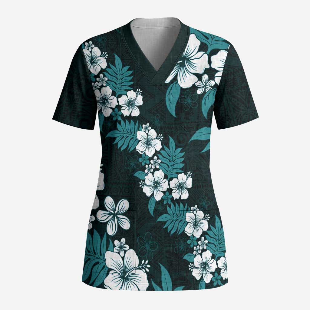 Hawaiian Hibiscus Tribal Floral Teal Scrub Top Polynesian Tapa Pattern LT01 Adult Teal - Polynesian Pride