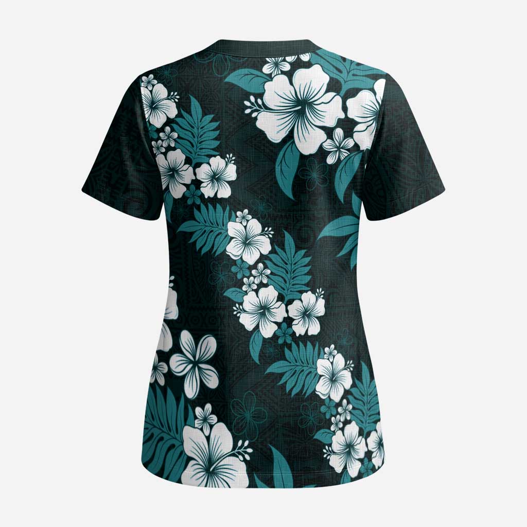 Hawaiian Hibiscus Tribal Floral Teal Scrub Top Polynesian Tapa Pattern - Polynesian Pride