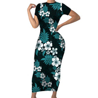 Hawaiian Hibiscus Tribal Floral Teal Short Sleeve Bodycon Dress Polynesian Tapa Pattern - Polynesian Pride