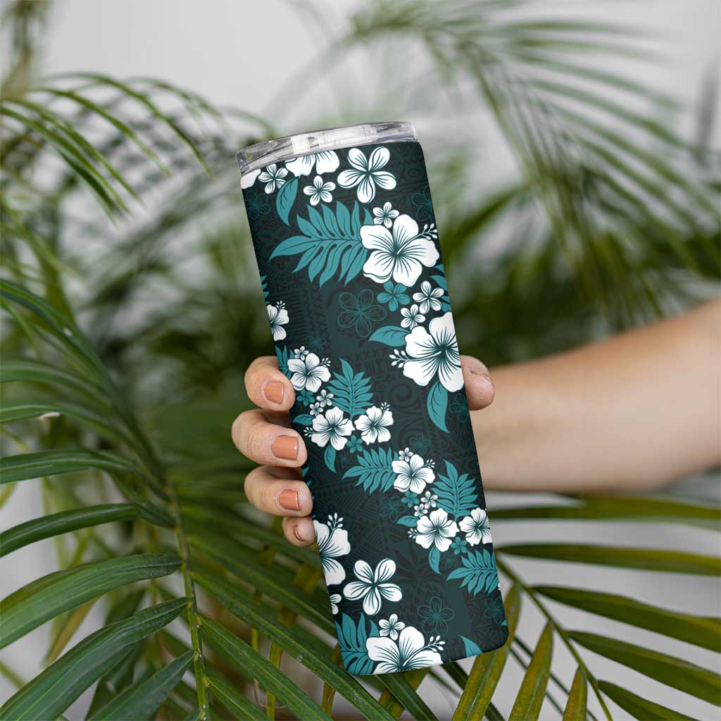Hawaiian Hibiscus Tribal Floral Teal Skinny Tumbler Polynesian Tapa Pattern - Polynesian Pride