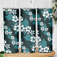 Hawaiian Hibiscus Tribal Floral Teal Skinny Tumbler Polynesian Tapa Pattern - Polynesian Pride