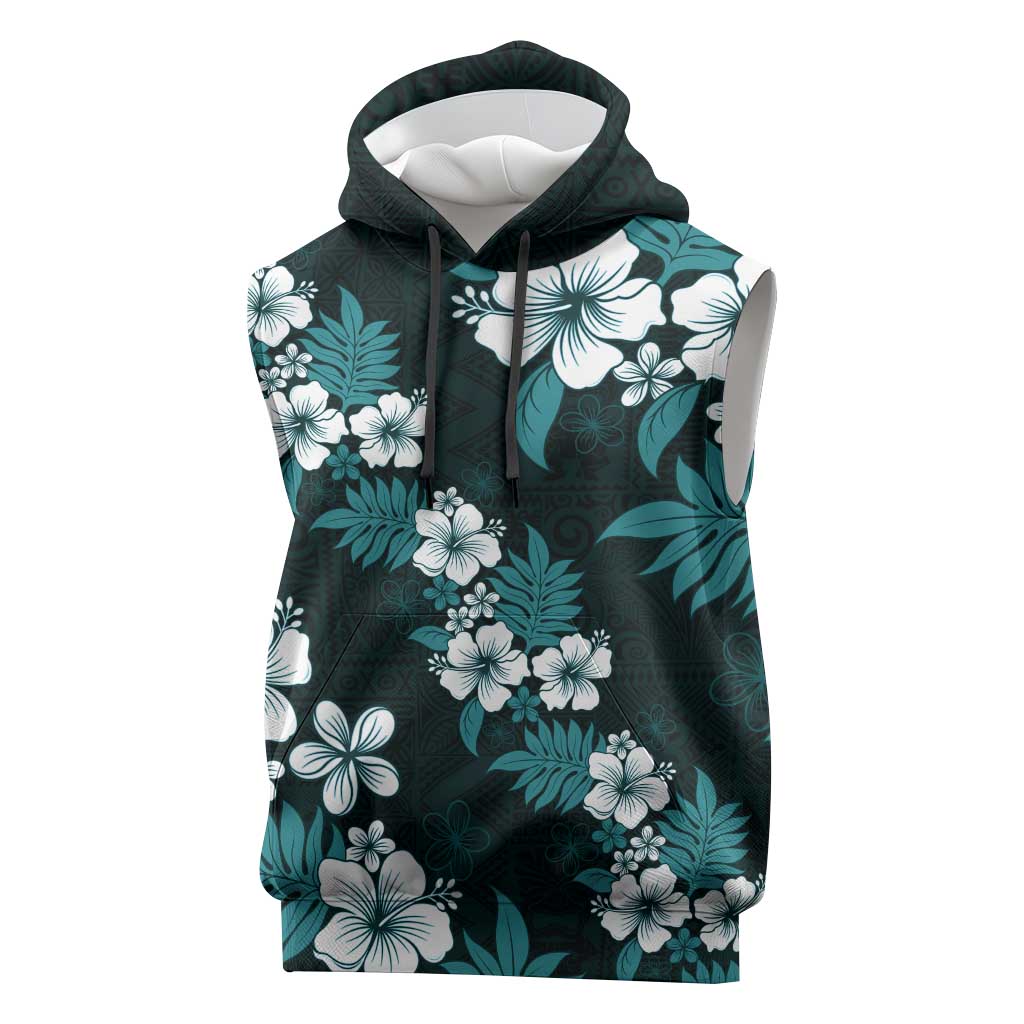 Hawaiian Hibiscus Tribal Floral Teal Sleeveless Hoodie Polynesian Tapa Pattern LT01 Teal - Polynesian Pride