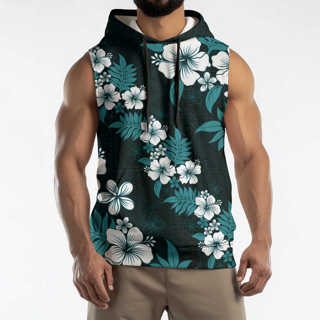 Hawaiian Hibiscus Tribal Floral Teal Sleeveless Hoodie Polynesian Tapa Pattern LT01 - Polynesian Pride