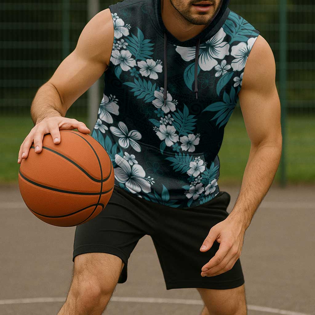 Hawaiian Hibiscus Tribal Floral Teal Sleeveless Hoodie Polynesian Tapa Pattern LT01 - Polynesian Pride