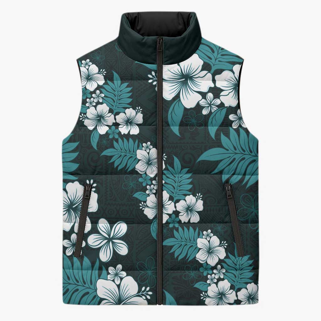 Hawaiian Hibiscus Tribal Floral Teal Sleeveless Puffer Jacket Polynesian Tapa Pattern LT01 Unisex Teal - Polynesian Pride